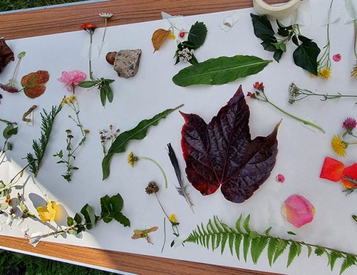 Table laid with lining paper and covered in leaves flowers and things found in the churchyard