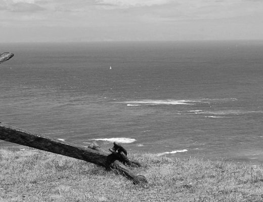 Black and white image of a rusty anchor on its side. backdrop is the sea and sky.